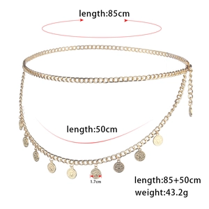 Detail view of vintage gold coin waist chain with length measurements and coin charms