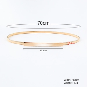 Macro view of gold elastic belt showing 70cm length and 12.9cm metal buckle detail
