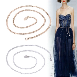 Elegant gold and silver metal curb chain waist belts for women with lobster clasp and tag