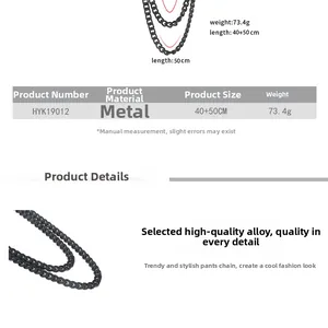 Detailed size chart of double-layer black metal pants chain with 40cm and 50cm lengths