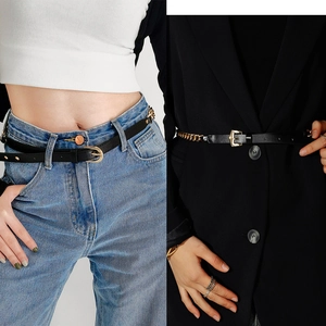 Women Fashion PU Leather Metal Chain Waist Belt Punk Western Style Link Chain Adjustable Decorative Belt For Jeans Dress