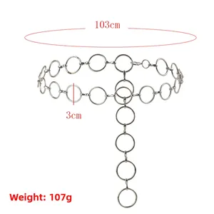Detailed view of silver metal ring waist chain with vertical drop and 3cm rings