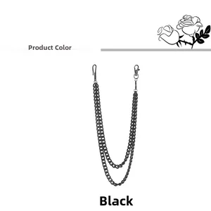 Detail of double-layered black metal trousers chain with lobster clasp and metal hook