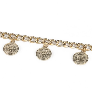 Detail shot of vintage gold aluminum chain belt featuring intricate eagle coin pendants