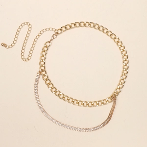 Gold double-layered waist chain with rhinestones and chunky Cuban links for women