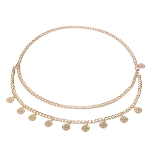 Golden double layer body chain with vintage coin pendants for women fashion accessory