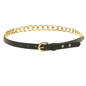 Women's punk style black leather belt with chunky gold chain and round buckle