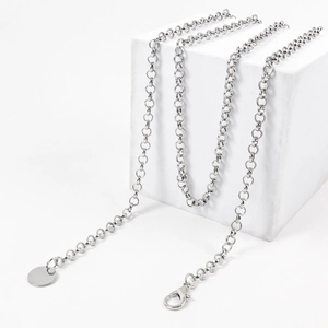 Detailaufnahme einer silbernen Gliederkette mit Karabinerverschluss und rundem Metallanhänger