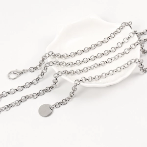 Detail einer silbernen Ringkette mit Karabinerverschluss und runder Plakette auf Teller
