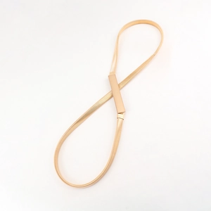 Detailed macro view of golden elastic metal waist chain with sleek rectangular buckle