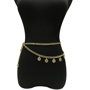 Vintage gold layered body chain with portrait coin charms on a black mannequin