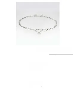 Detail view of silver metal waist chain with lock pendant and lobster clasp closure