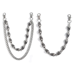 Silver punk skull waist chains with dual Cuban layers and lobster clasps for jeans