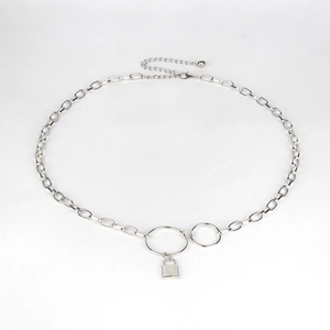 Detail view of silver lock pendant and adjustable chain for waist or necklace use