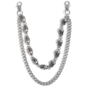 Silver punk style double-layered metal pants chain with 3D skulls and lobster clasps