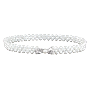 Elegant three-row pearl elastic belt with rhinestone bow buckle for stylish dresses