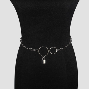 Silver metal waist chain featuring geometric rings and a minimalist lock pendant for women
