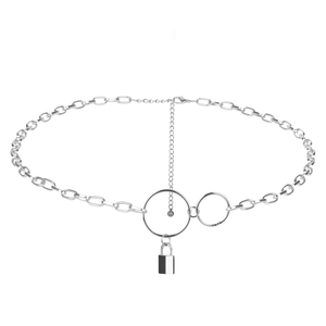 Silver punk style waist chain with hollow rings and padlock pendant for women