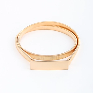Detail view of gold elastic metal spring belt with smooth rectangular buckle finish