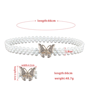 Detailed size specifications of white pearl waist belt with rhinestone butterfly buckle