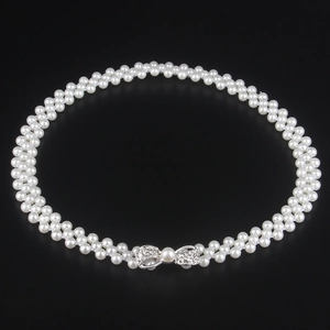 Women Elegant Faux Artificial Pearl Waist Chain Elastic Corset Belt With Rhinestone Bow Buckle Silver Thin Waistband For Dresses Party