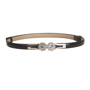 Elegante cintura sottile nera da donna con fibbia floreale dorata e strass scintillanti