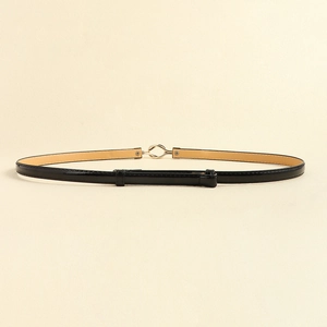 Chic black patent leather skinny belt for women with elegant golden interlocking metal buckle