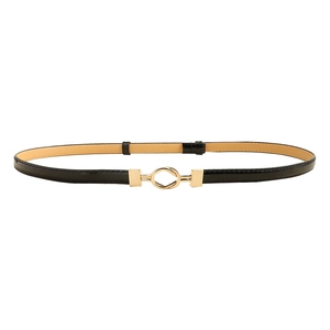 Women's slim black PU leather belt with golden interlocking metal buckle for dresses