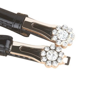 Elegante cintura sottile in pelle nera con fibbia a fiore dorata e strass scintillanti