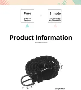 Detail view of black woven belt showing dimensions of 98cm length and 2cm width
