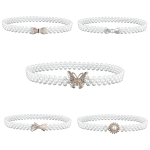 Women's Elastic Artificial Pearl Waist Belt Rhinestone Bow Flower Buckle Beaded Corset Belt Dress Accessory Elegant Decorative Waist Chain