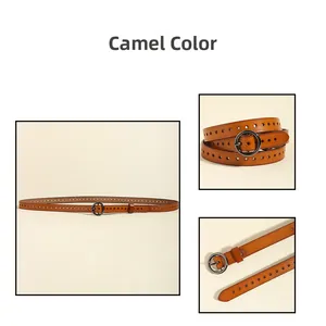 Detailansicht camel Ledergürtel mit runder Schnalle und dekorativem Lochmuster-Design