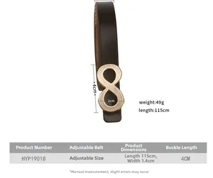Detailed size specifications for leather belt with gold figure eight buckle
