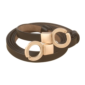 Slim black leather belt for women featuring a minimalist gold double ring metal buckle