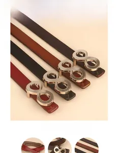 Detail view showing four colors of cowhide leather belts with golden figure-eight buckles