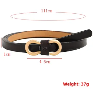 Detailed size map of thin black leather belt showing 111cm length and 1cm width specifications