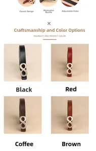 Close-up of elegant gold infinity buckle leather belt in black, red, coffee, and brown
