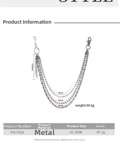 Detailed size specifications for a three-layer silver metal hip-hop waist trouser chain