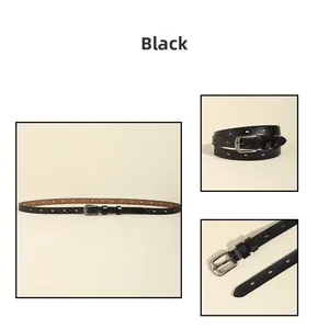 Detail eines schwarzen Ledergürtels für Damen mit Wellenstruktur und silberner Schnalle