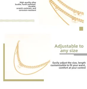 Detail of adjustable gold alloy chain belt with pearls featuring hand-polished buckle
