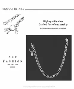 Detailweergave van zilveren metalen punkbroekketting met karabijnsluiting en ringen