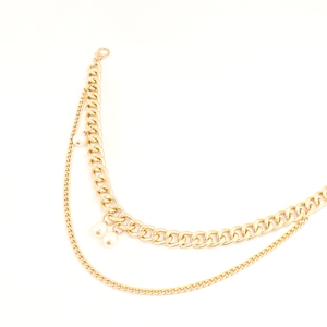Multilayer gold cuban chain necklace with three pearl pendants and lobster clasp closure