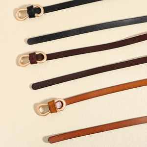 Slim leather belts for women in black and brown with vintage matte gold horseshoe buckles