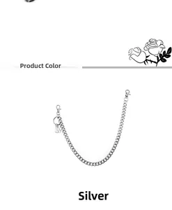 Detail of silver Cuban link trousers chain with metal lobster clasps on white background