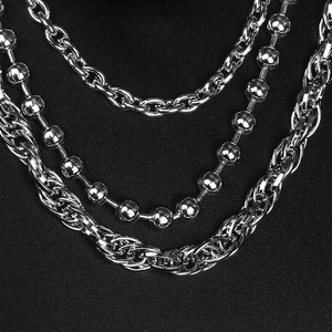 Three-layer silver metal pants chain featuring classic, bead, and thick twisted link designs