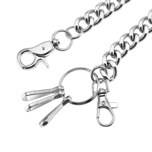 Single layer silver metal pants chain with heavy Cuban links and snap hooks