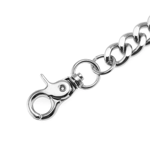 Detailed close-up of a shiny silver metal punk pants chain with a rotating lobster clasp