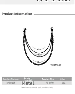 Three-layer black metal pants chain detail with 40-50cm lengths and lobster clasp hooks