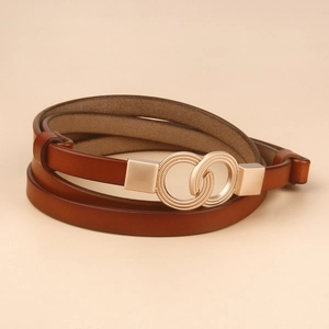 Women's thin brown leather belt with elegant gold double-ring buckle for dresses