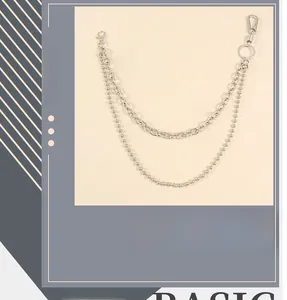 Detail of silver dual-layer hip-hop trousers chain with beads and metal spring clasp
